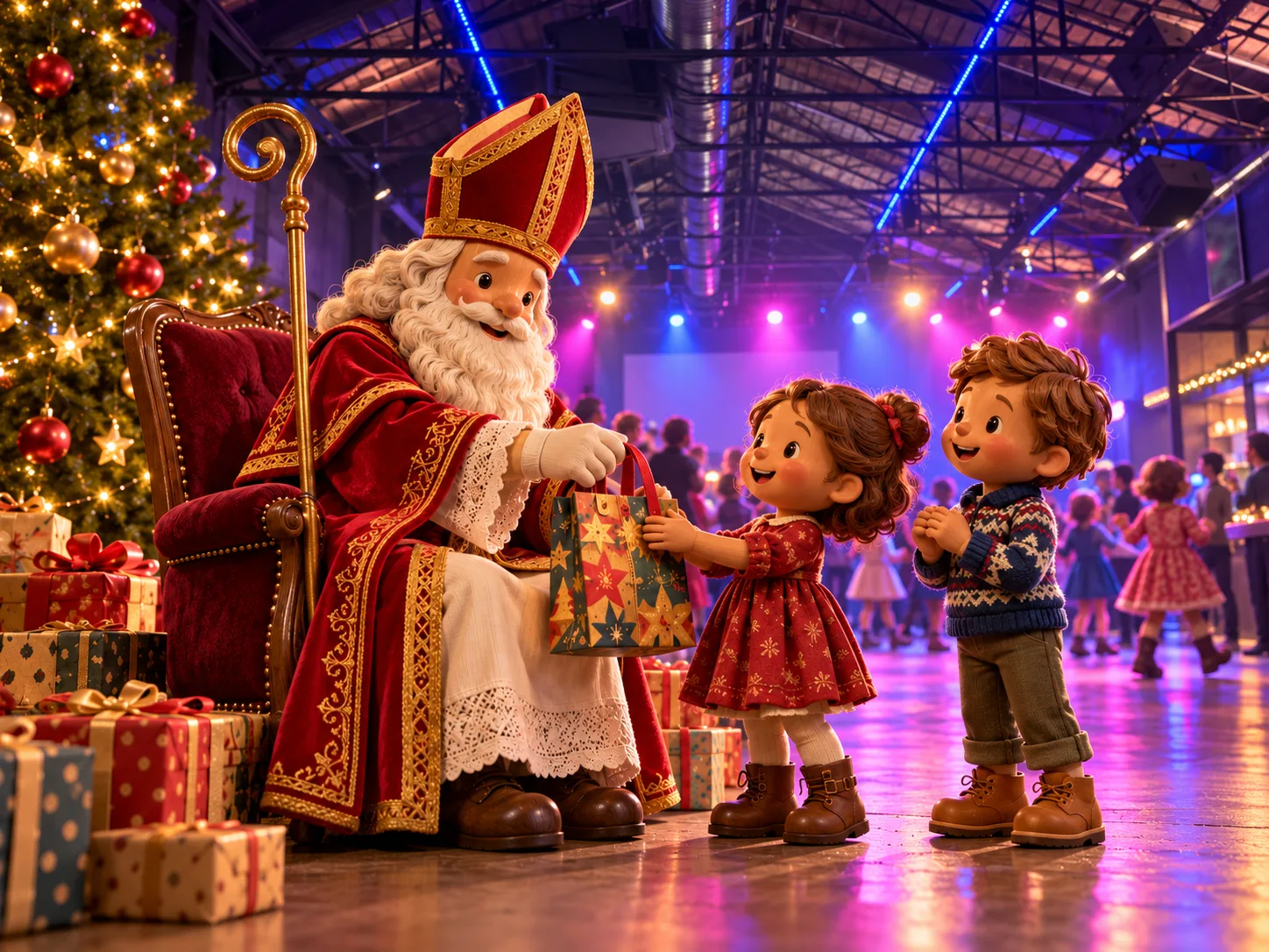 KI-generierte Spielzeug-Szene: Nikolaus überreicht Kindern eine Geschenktüte im Gleis 9
